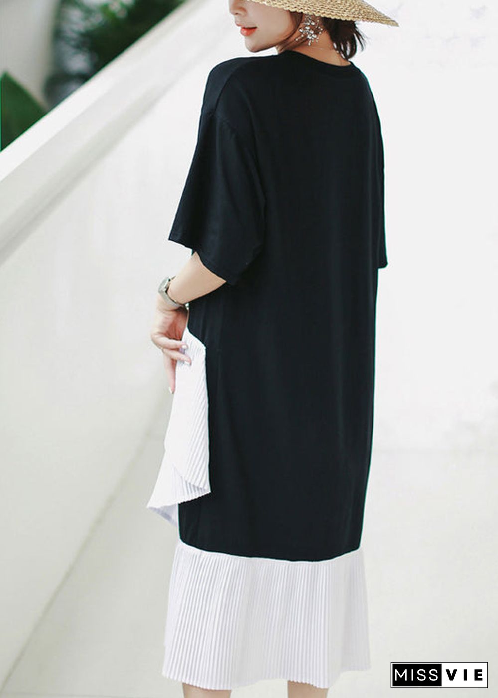 Natural black Cotton Long Shirts Sweets Photography patchwork asymmetric daily Summer Dress