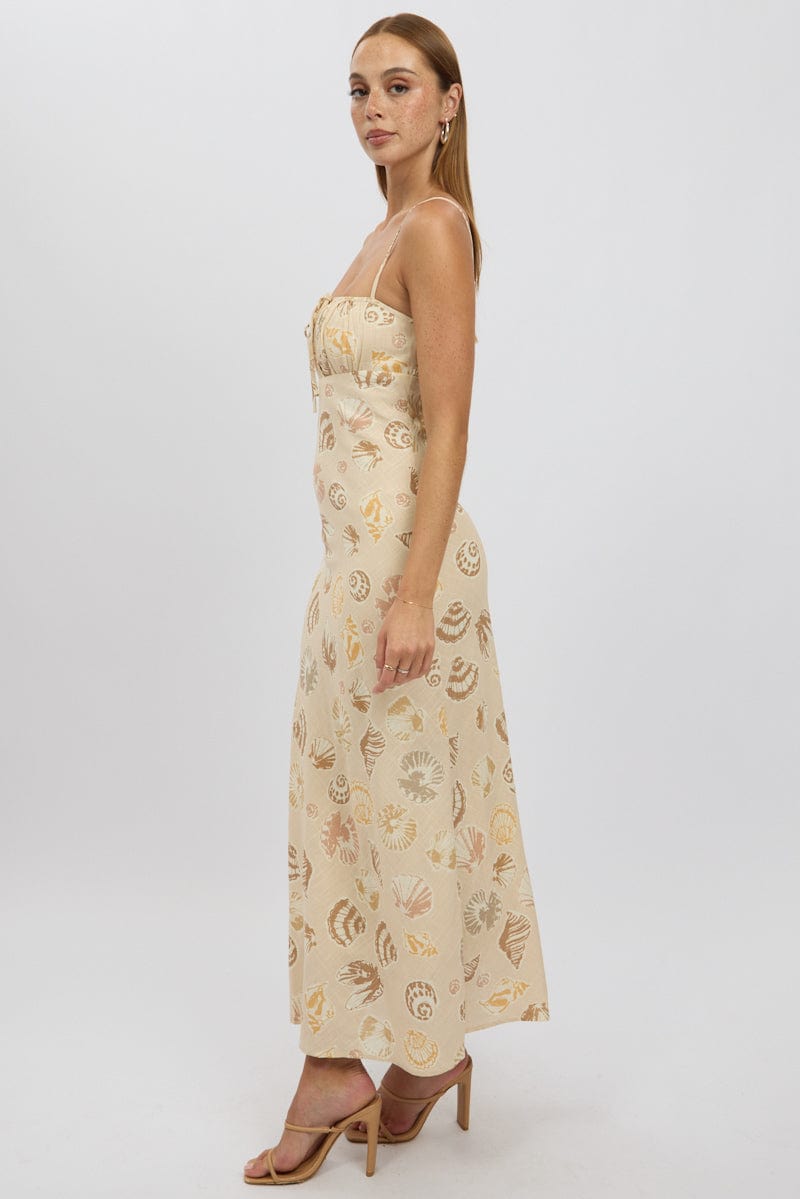 Beige Abstract Midi Dress Strappy