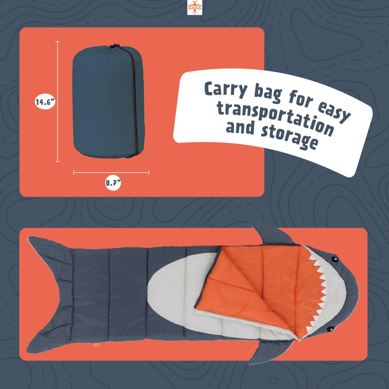 Firefly! Outdoor Gear Finn the Shark Kid's Sleeping Bag - Navy/Gray (65 in. x 24 in.)