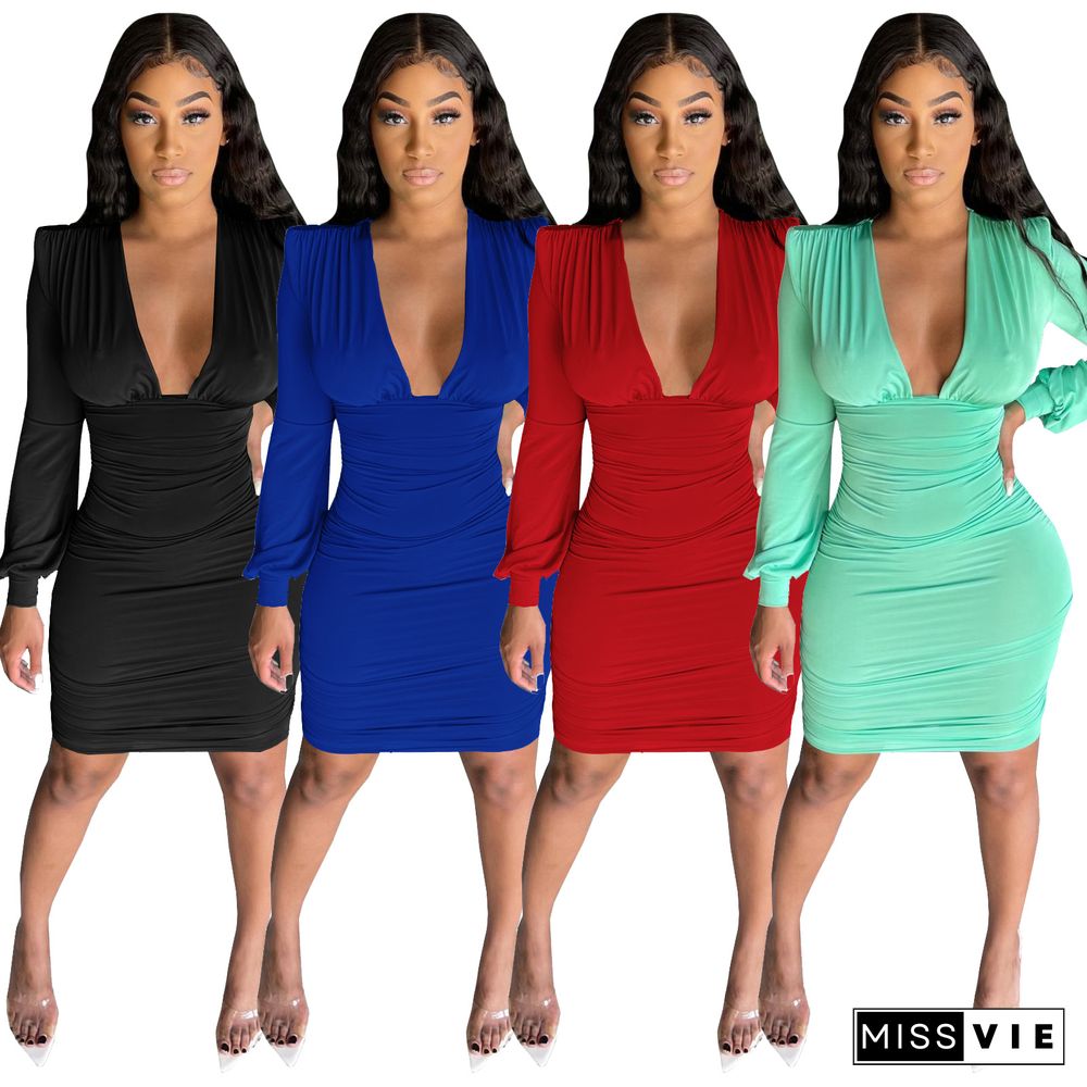 Deep V Neck Long Sleeve Night Club Dresses