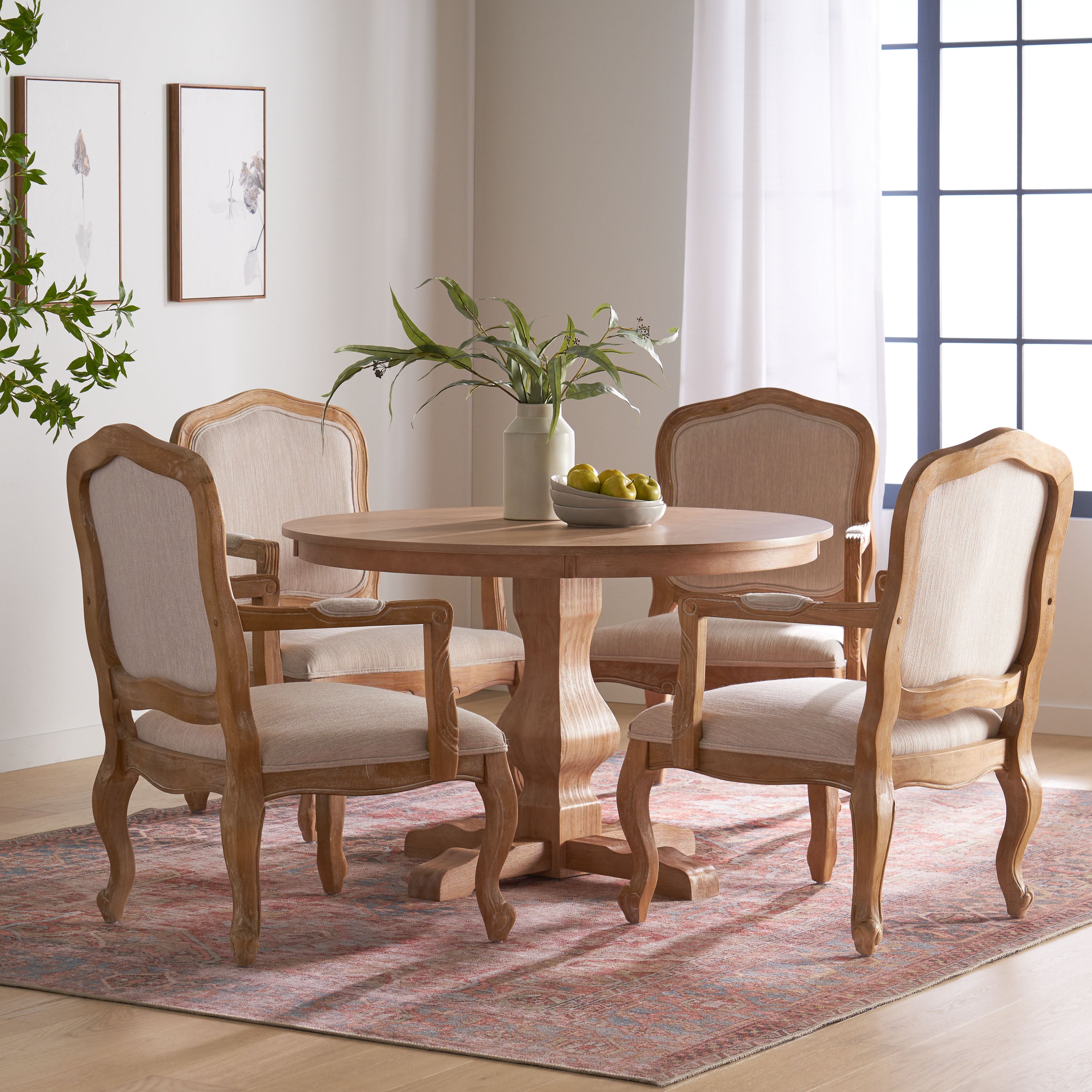 Absaroka French Country Fabric Upholstered Wood 5 Piece Circular Dining Set