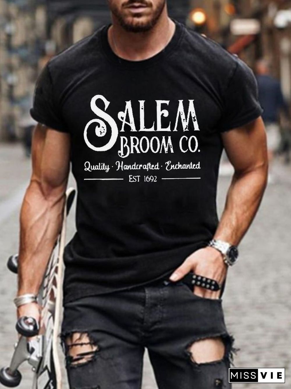 Men's Salem Broom Co Quality Handcrafted Enchanted Est 1692 Print T-Shirt