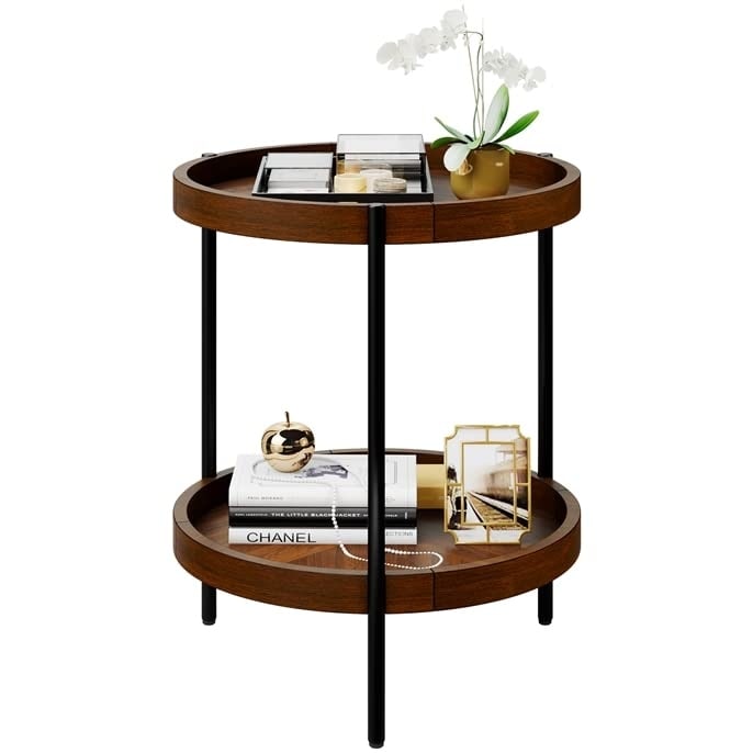 Round Side Table， 2-Tier Retro End Table with Bottom Shelf， Nightstand with Detachable Tray Top for Living Room， Bedroom