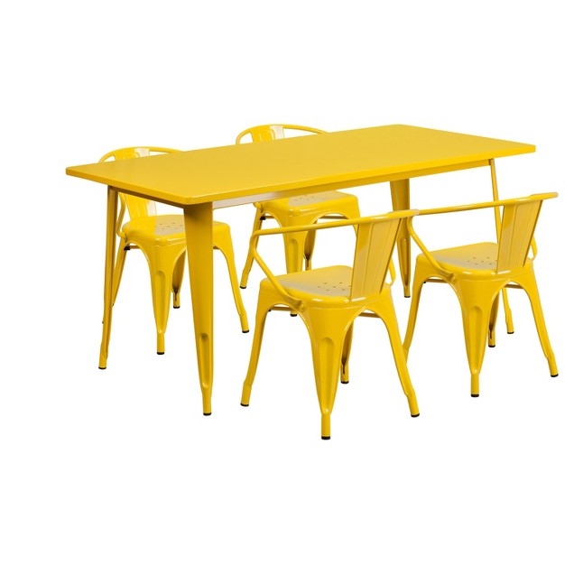 Emma And Oliver Commercial Grade Rectangular Yellow Metal Indoor outdoor Table Set 4 Arm Chairs