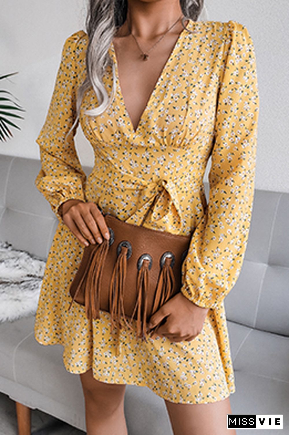 Casual Floral Split Joint Frenulum V Neck A Line Dresses