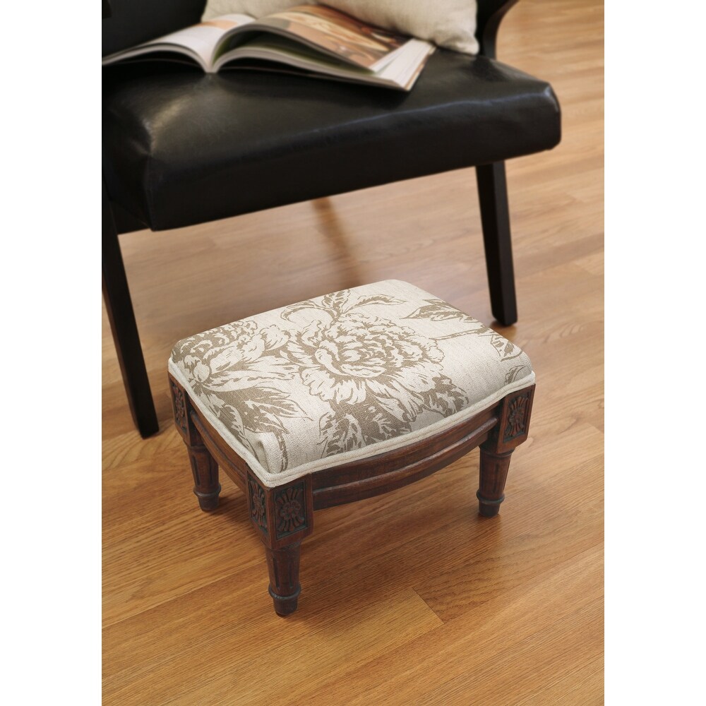 Taupe Peony Footstool with wood stained finish