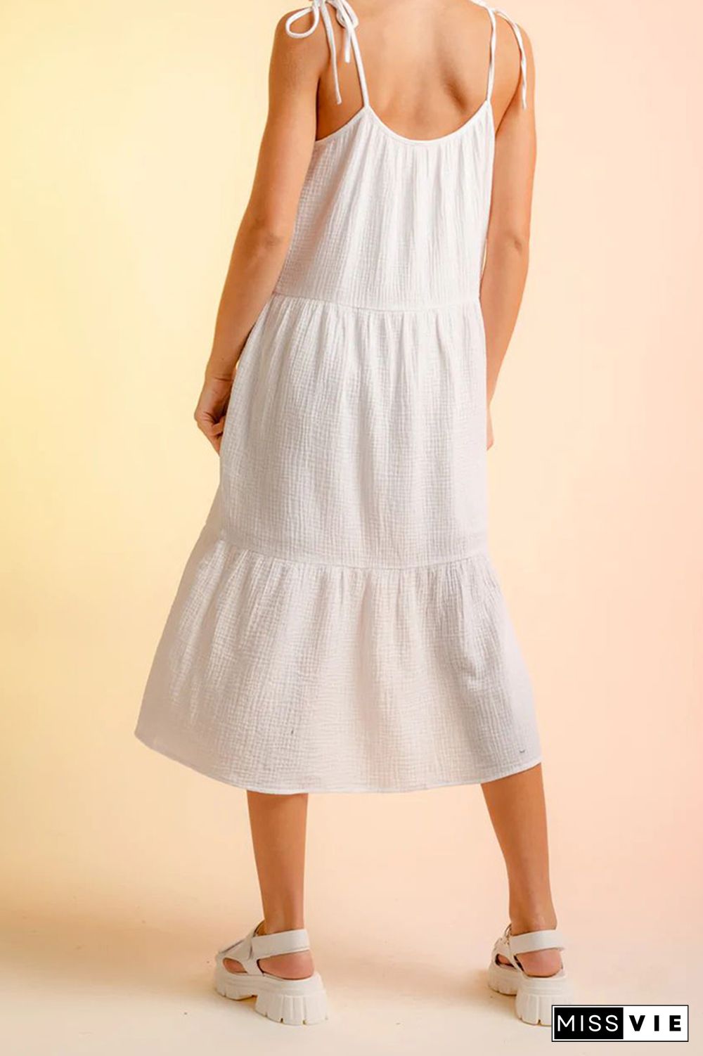 Plain Tie Cami Strap Tiered Midi Dress