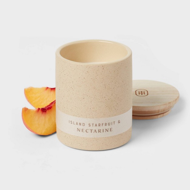 6oz Matte Textured Ceramic Wooden Wick Candle Ivory island Starfruit And Nectarine