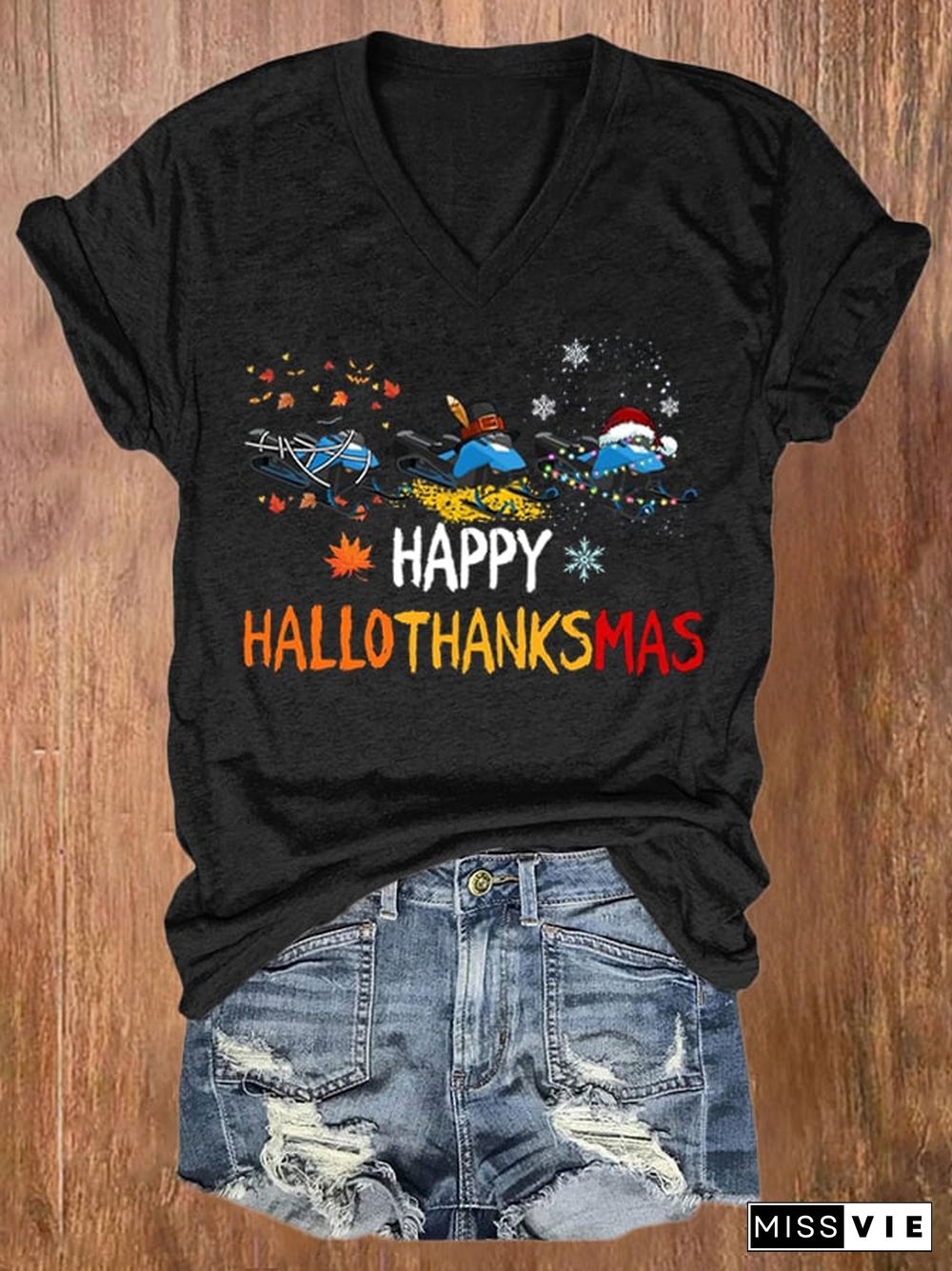 Women's Casual Happy Hallothankmas Print Short Sleeve T-Shirt