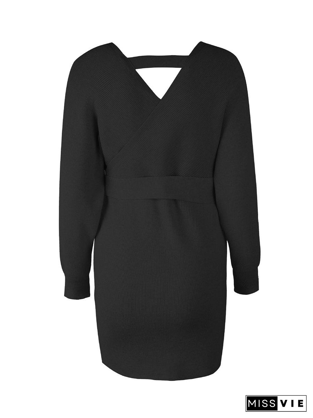 V-Neck Knit Waist Belt Long Sleeves Sweater Dress