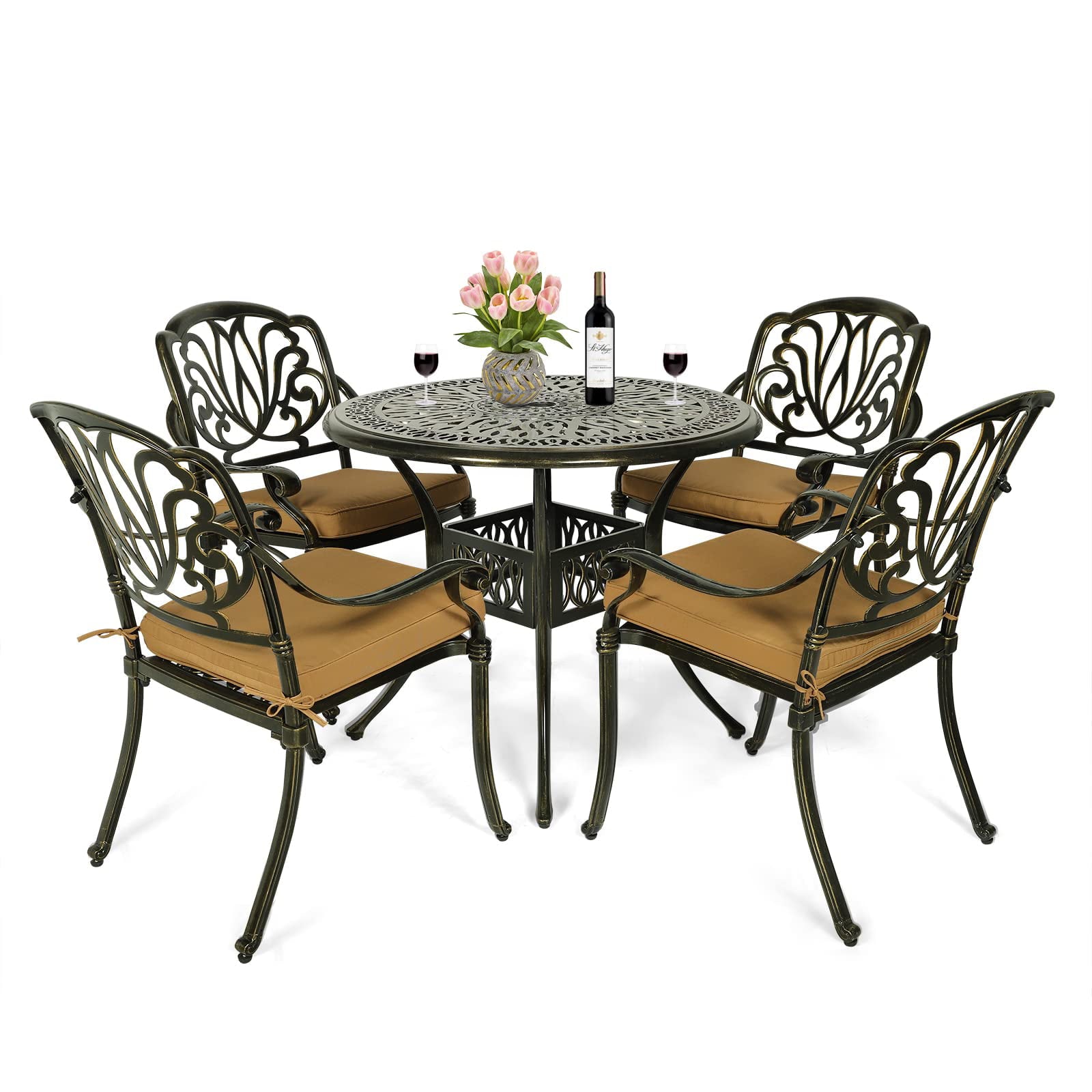 MEETWARM 5 Piece Patio Dining Set, Outdoor All-Weather Cast Aluminum Dining Table Set, Patio Furniture Set for Backyard Garden Deck, Include 4 Chairs, 4 Cushions and 1 Round Table with Umbrella Hole