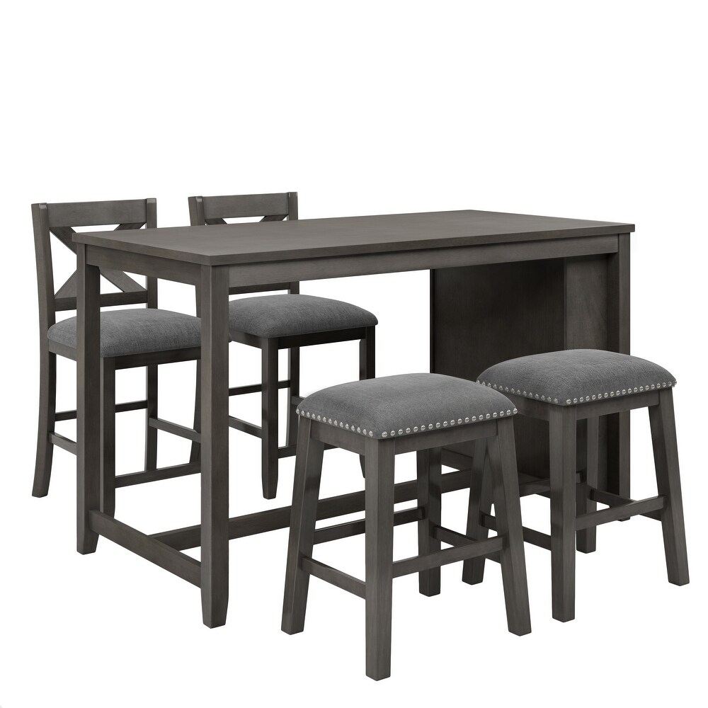 Counter Height Dining Room Bar Table Set  Rubber Wood Stationary Kitchen Island Set with 2 stools and 2 Chairs for Kitchen  Gray