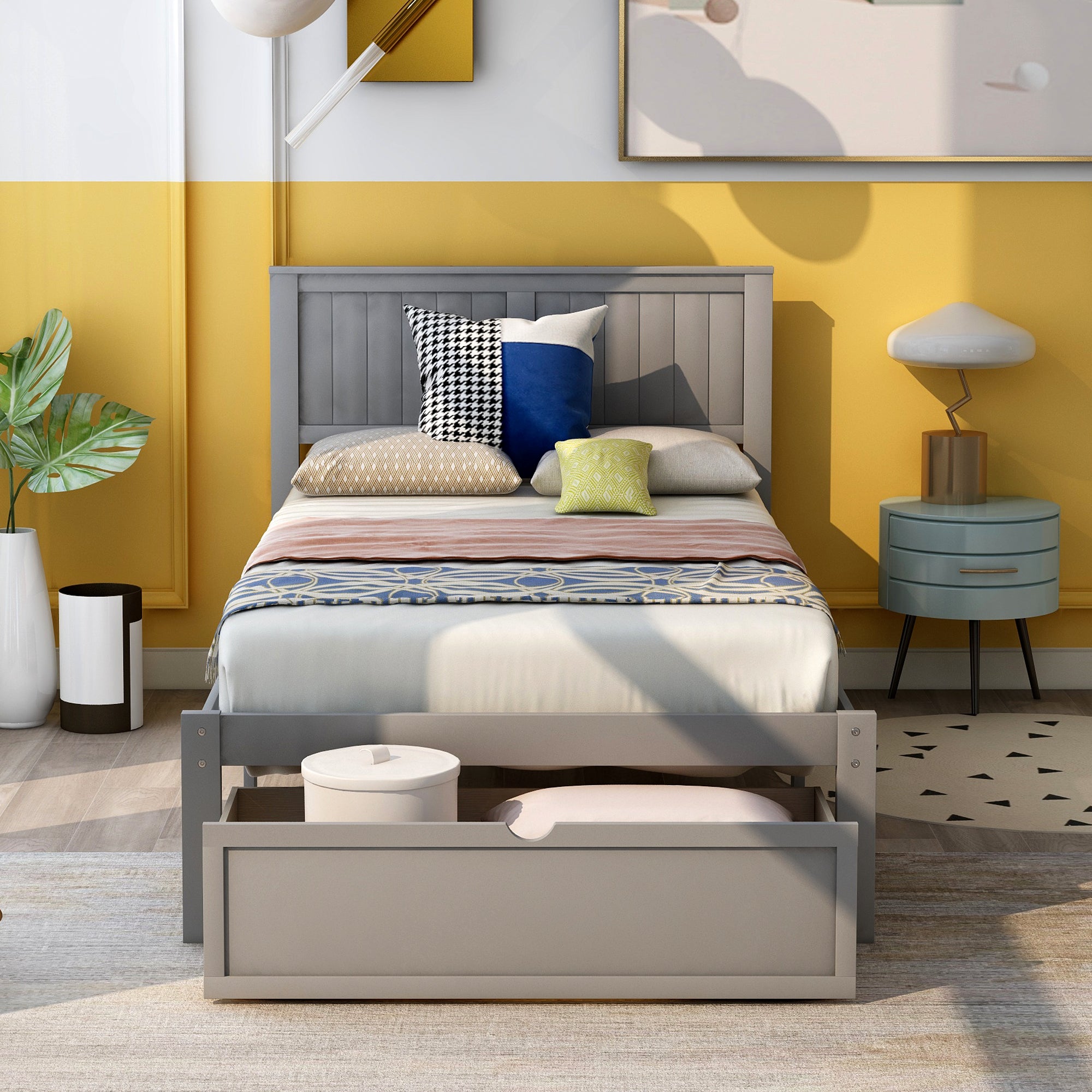 EUROCO Twin Wood Platform Bed with Headboard & Big Storage Drawer for Kids, Gray