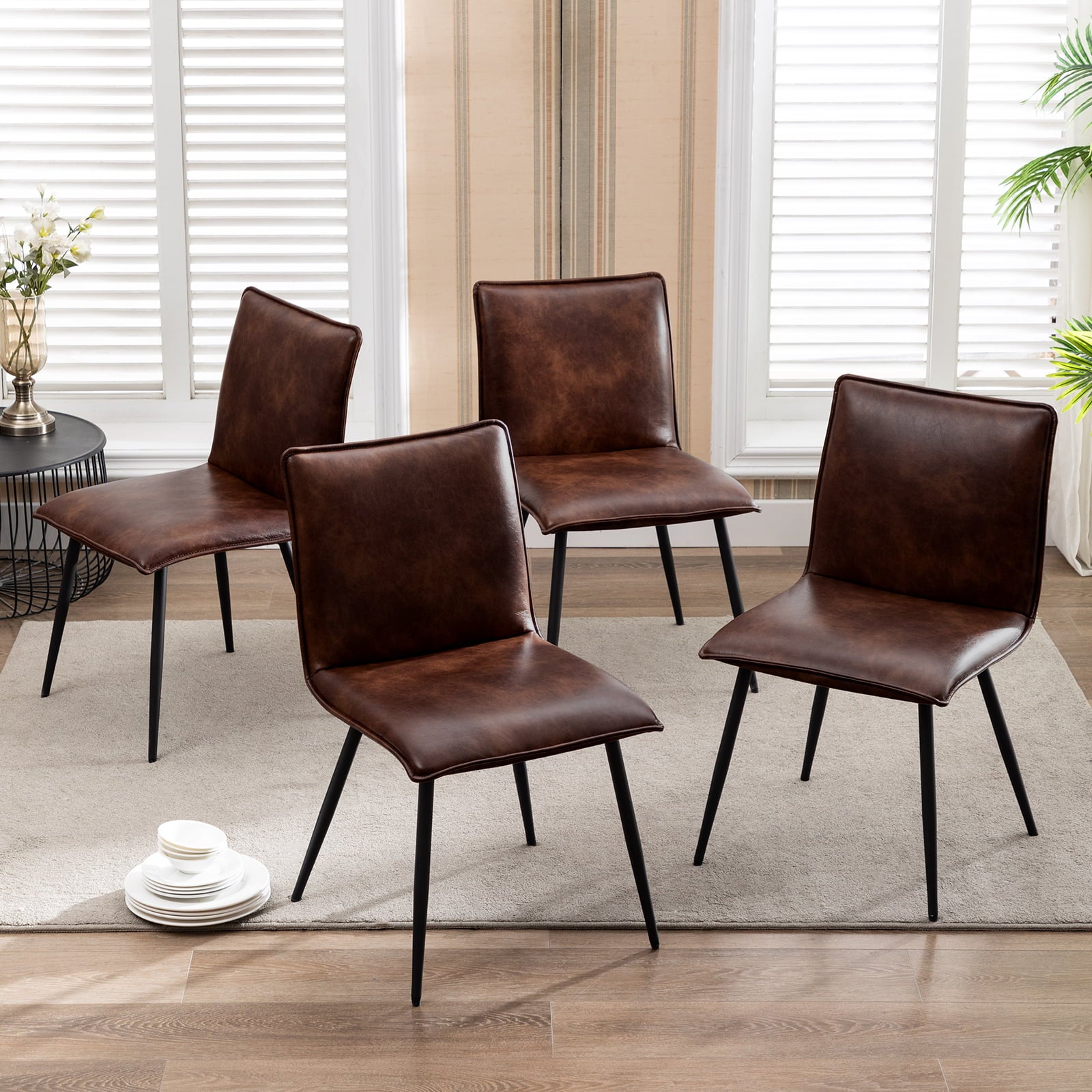 Duhome Dining Chairs Set of 4， Faux Leather Dining Room Chairs Kitchen Chairs with Black Metal Legs， Dark Brown