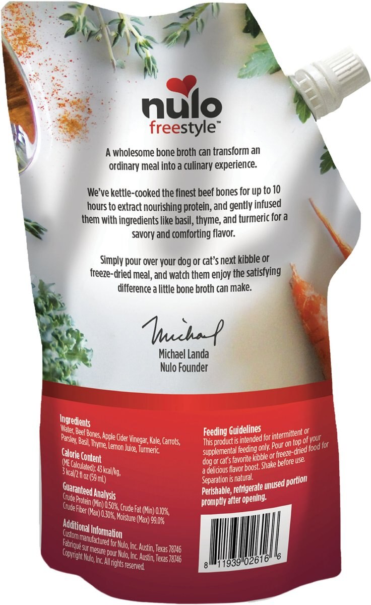 Nulo FreeStyle Hearty Beef Bone Broth Dog and Cat Topper， 20-oz pouch