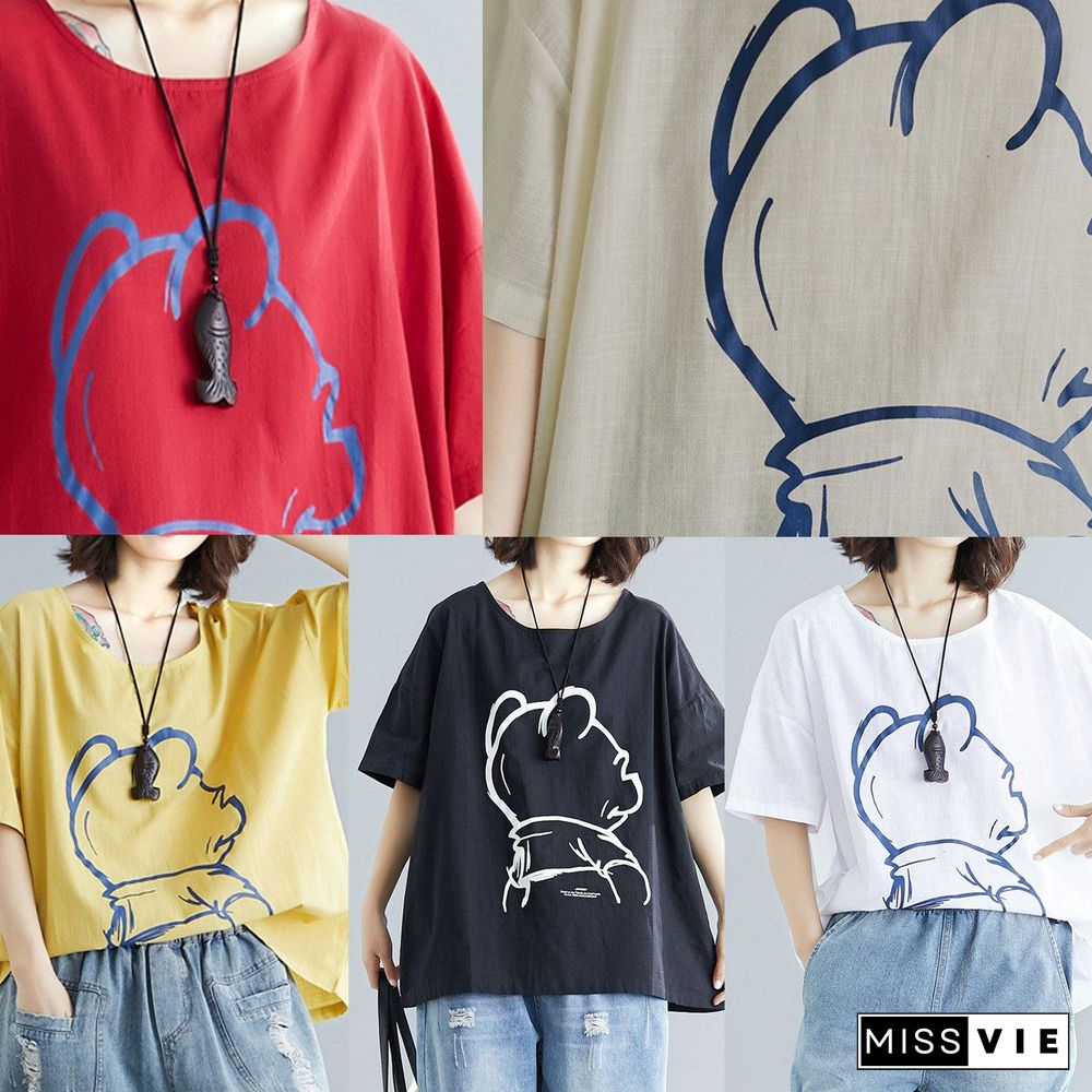 DIY Cartoon print cotton linen tops women Outfits red o neck blouses summer