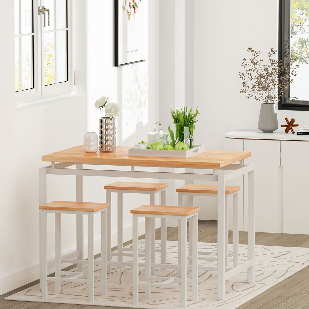 Mieres Minimalist Industrial Style Wooden Top 5 Pieces Dining Table Set with Four Stools for Ktichen and Dining Room