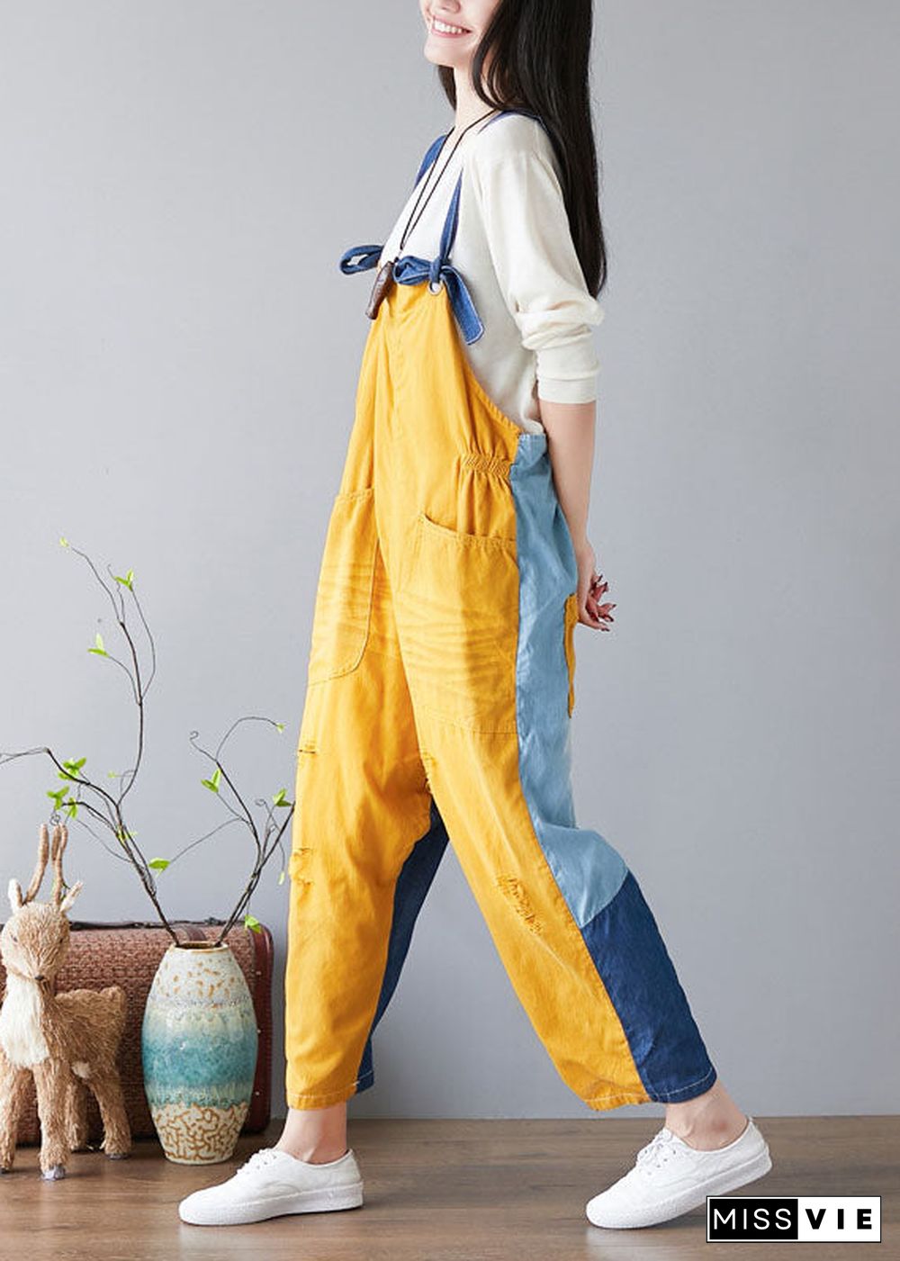 Fashion Yellow pockets Patchwork denim Jumpsuit Spring