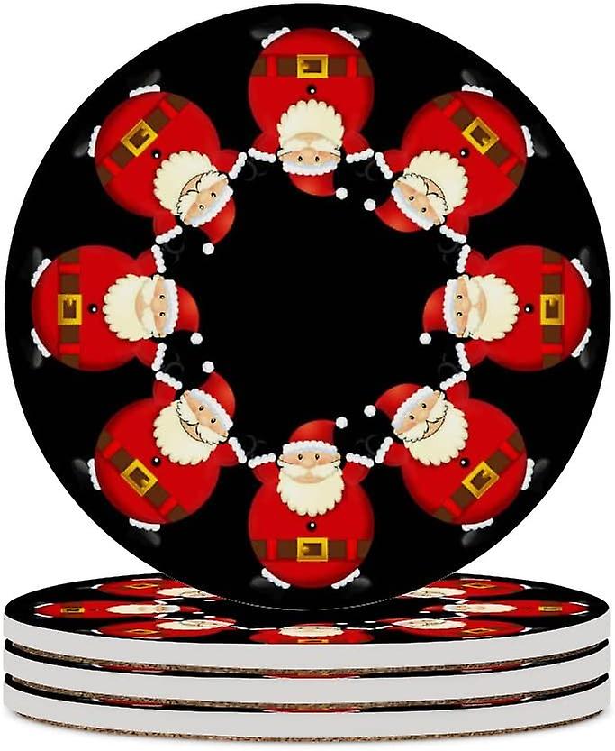 4pcs Round Christmas Santa Claus On Black Ceramic Coasters With Cork-backed For Coffee Drink Cup Mat Absorbent Stone Coasters