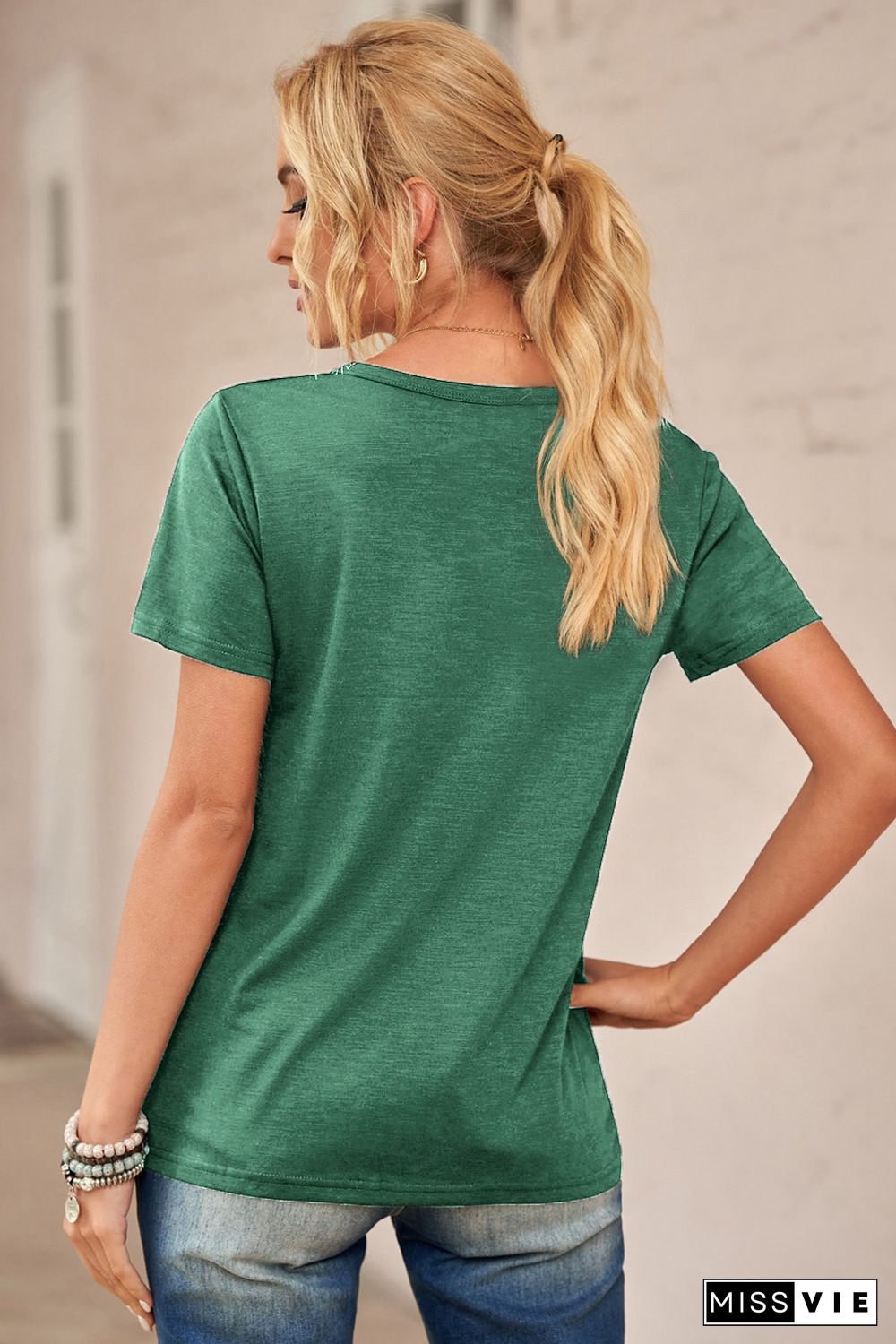 Green Holes Crew Neck Cotton Mixed T-shirt