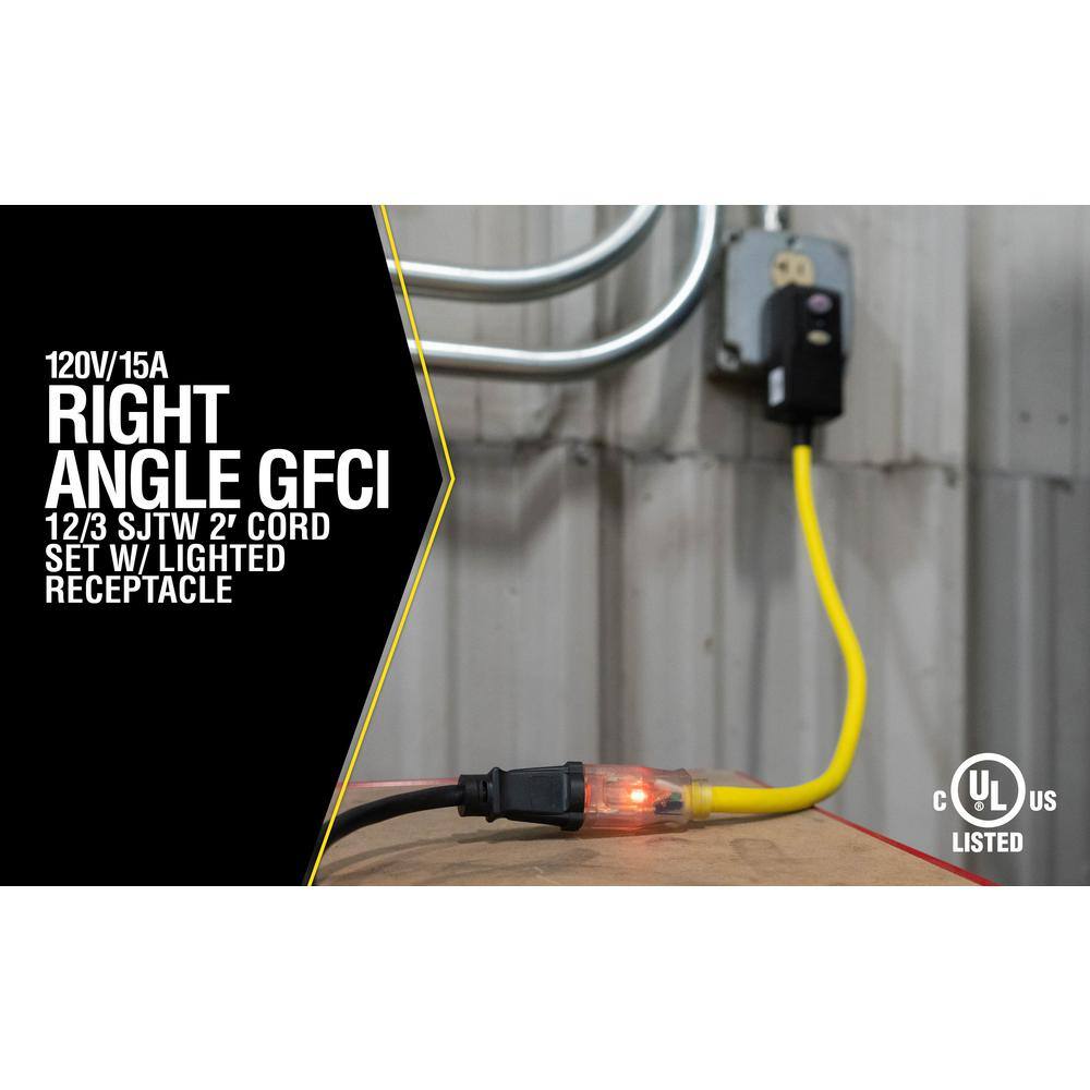 Yellow Jacket 2 ft. 123 SJTW Right Angle GFCI Heavy-Duty Extension Cord with Power Light Plug 2877