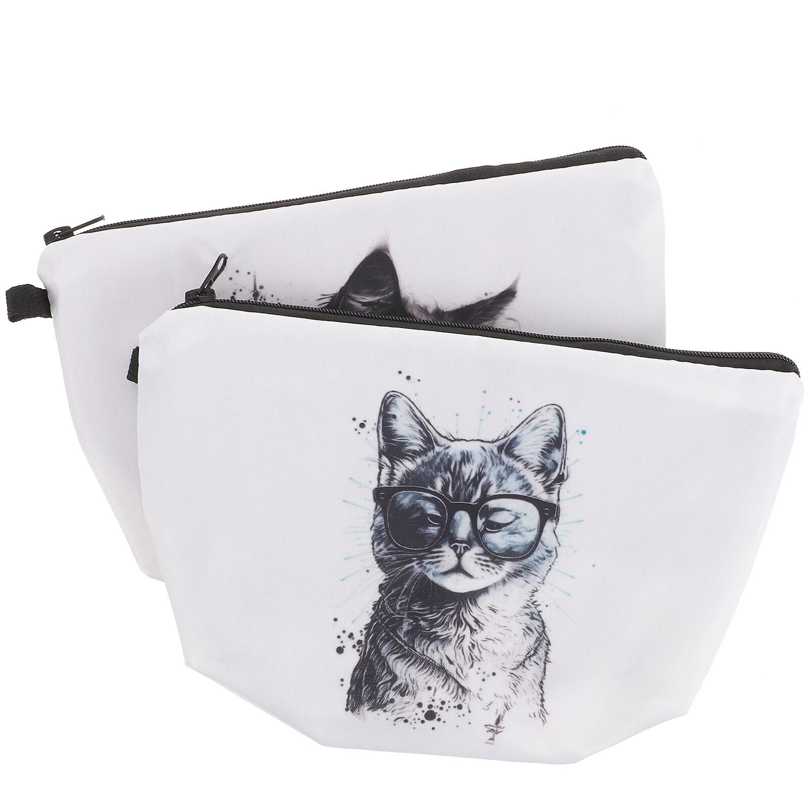 2pcs Cat Makeup Bag Travel Toiletry Bag Portable Zipper Pouch Small Cosmetic Bag For Purse