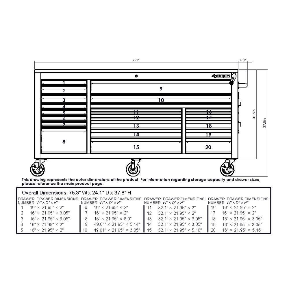 Husky 72 in. x 24.1 in. D 20-Drawer Mobile Workbench with Adjustable Height Solid Wood Top in Gloss Black HOLC7220B11M