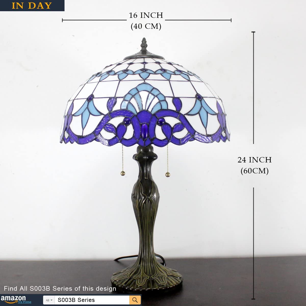 Tiffany Lamp Blue Navy White Stained Glass Baroque Bedside Table Lamp Style Desk Light Metal Base 16X16X24 Inches Decor Bedroom Living Room Home Office S003B Series