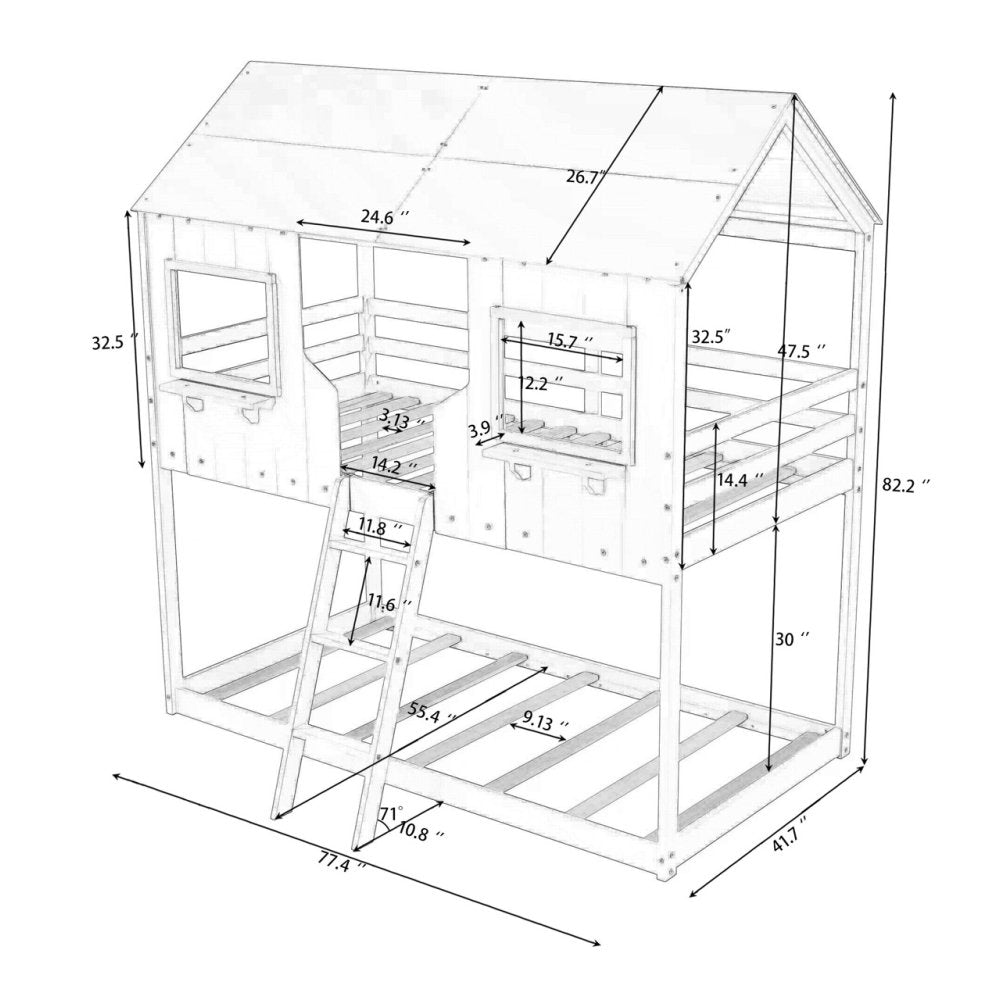 Hassch Wood Bunk Bed Twin/Twin Size Modern Kids Bed Frame with Roof, Ladder, Windows, White
