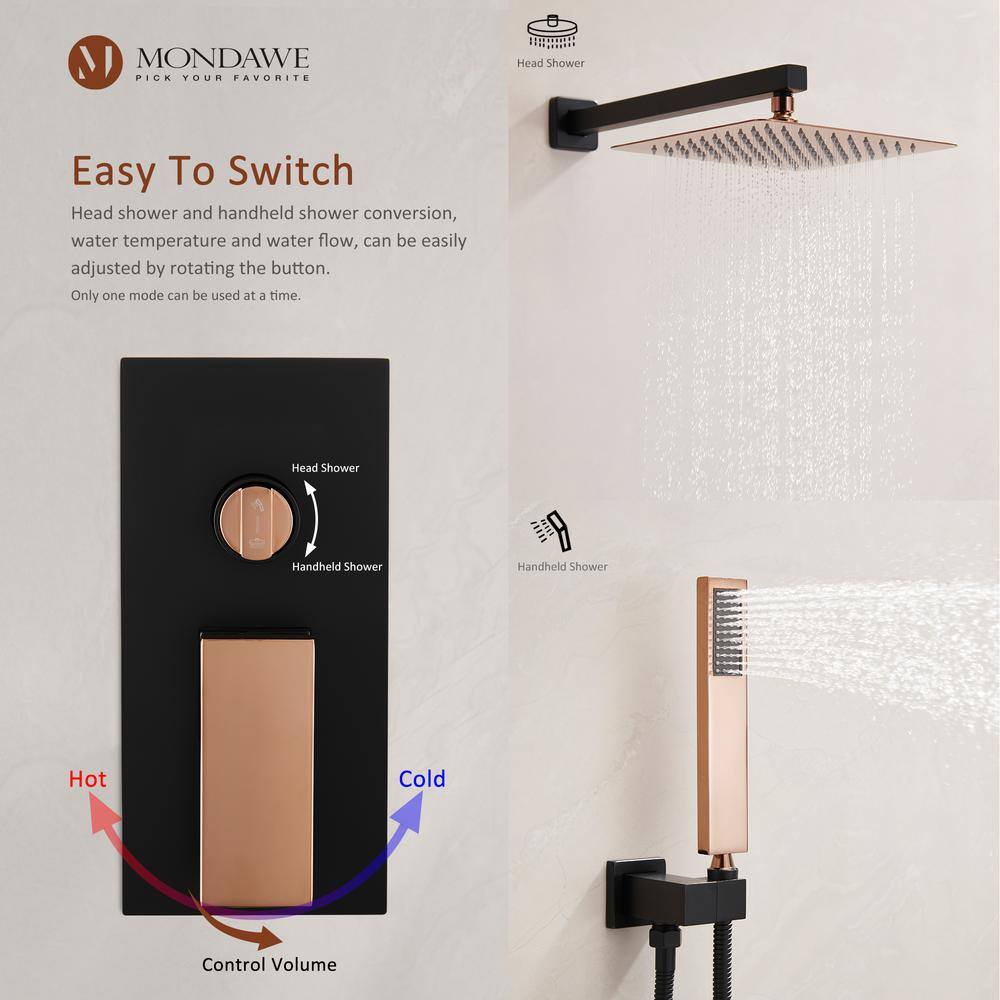 Mondawe Athens 2-Spray Patterns 10 in. Wall Mount Fixed and Handheld Shower Head 2.5 GPM in Black and Rose Gold Valve Included WF6360-10BRG