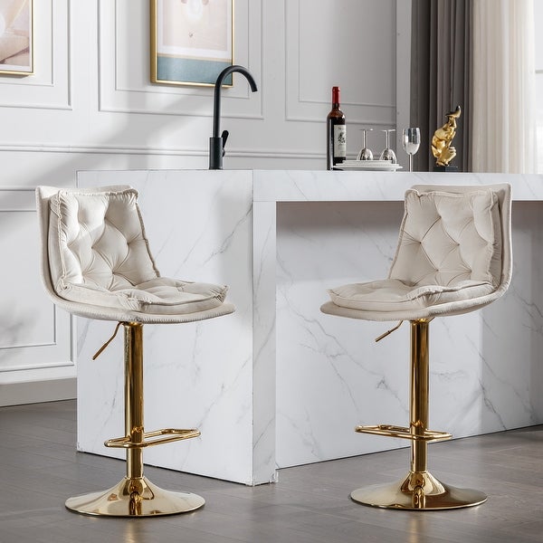 Set of 2 Bar Stools，with Chrome Footrest and Base Swivel Height Adjustable Mechanical Lifting Velvet and Golden Leg