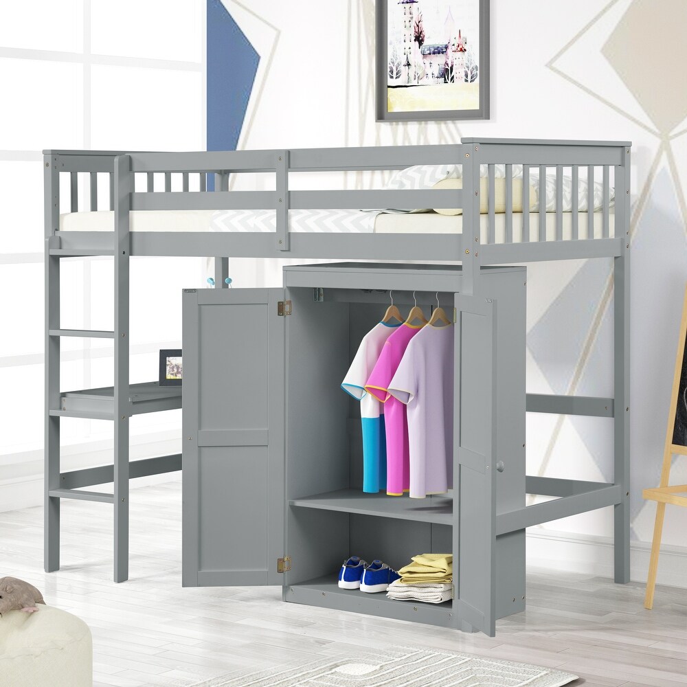 Twin Size Wood Loft Bed with Desk and Wardrobe  Gray