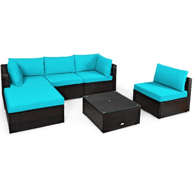 Tangkula 6pcs Patio Rattan Furniture Set Outdoor Sectional Sofa Set W coffee Table amp Ottoman Black navy turquoise red brown