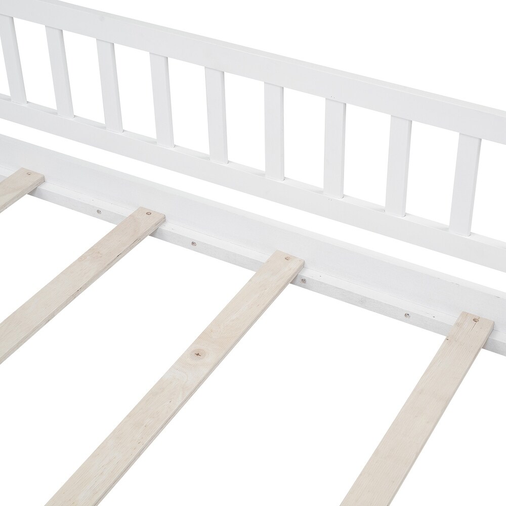 Twin Size House Bed for Kids  Floor Bed with Safety Guardrail  Wooden Daybed Frame with Roof   Slats Support for Boys or Girls