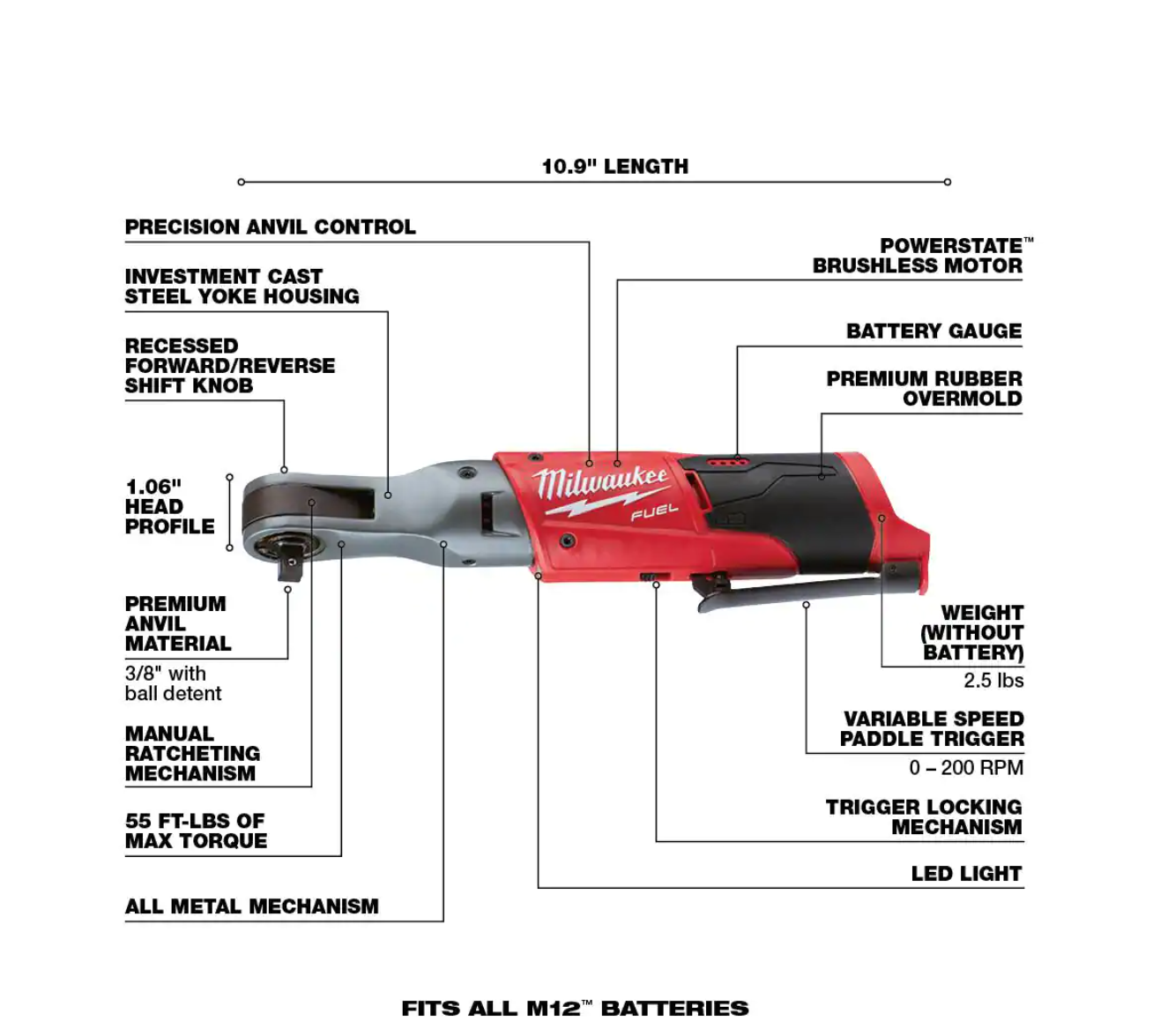 Milwaukee 2554-20-2557-20-48-11-2412 M12 FUEL 12V Lithium-Ion Brushless Cordless Stubby 3/8 in. Impact Wrench and 3/8 in. Ratchet with two 3.0 Ah Batteries