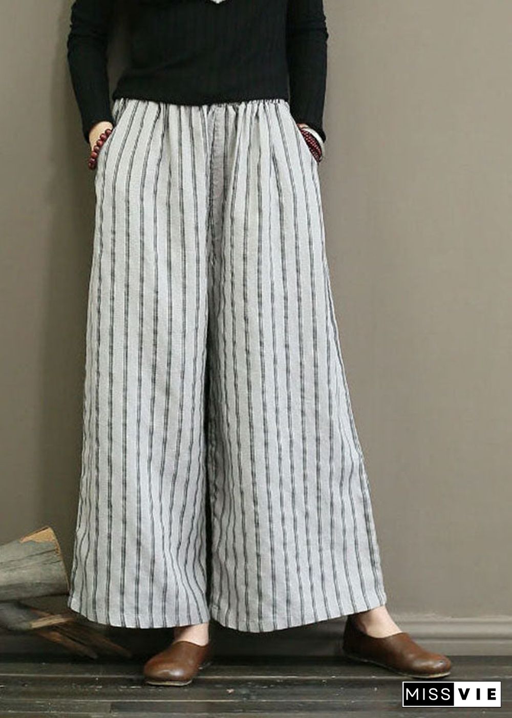 Unique Light Grey Elastic Waist Oversized Striped Linen Pants Trousers Summer