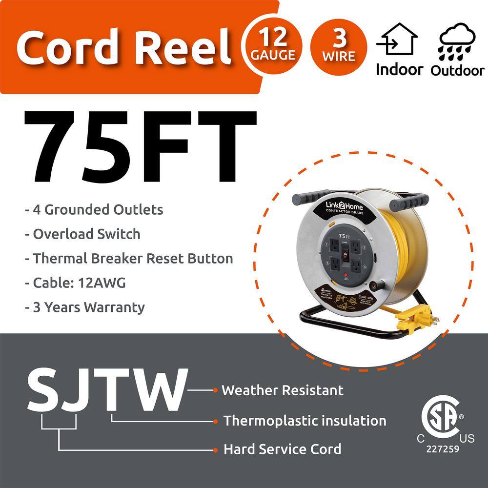 Link2Home 75 ft. 123 Extension Cord Storage Reel with 4 Grounded Outlets and Overload Circuit Breaker EM-CG-750-N