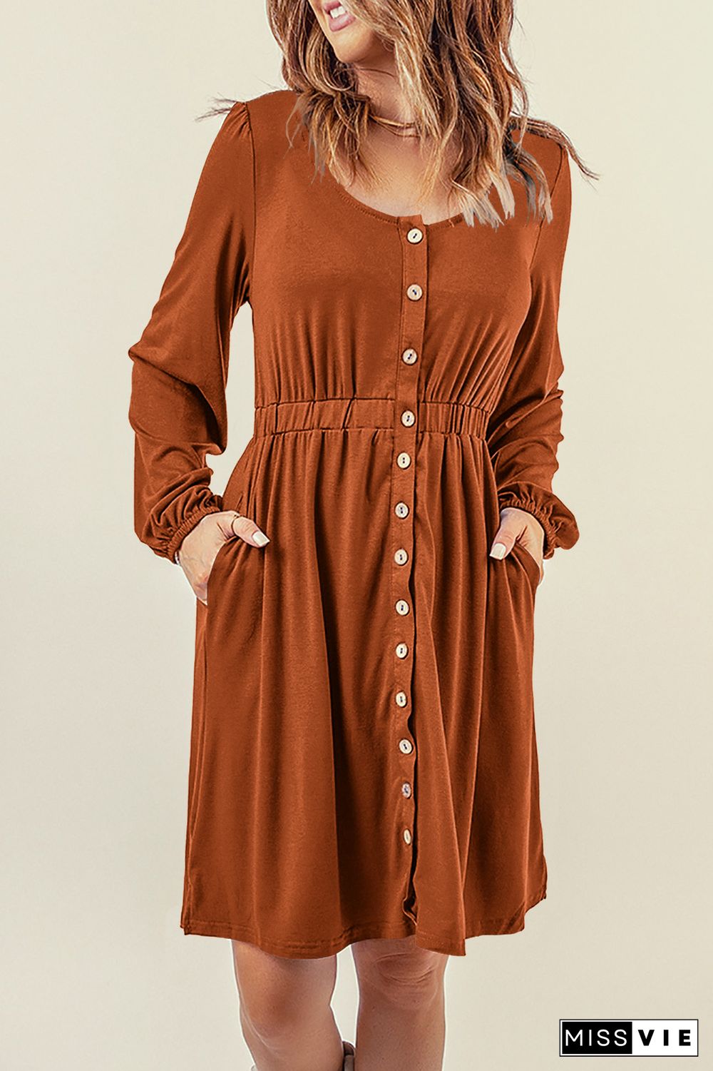 Brown Button Up High Waist Long Sleeve Dress