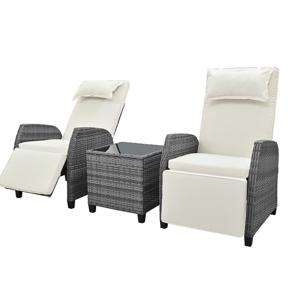 3 Piece Outdoor Rattan Twoperson Recliner Chair set W/Coffee Table