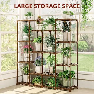 4-Tiers 14 Pots Rectangular Wooden Plant Rack for Living Room Terrace Balcony and Garden Natural Color B098QG2WQD