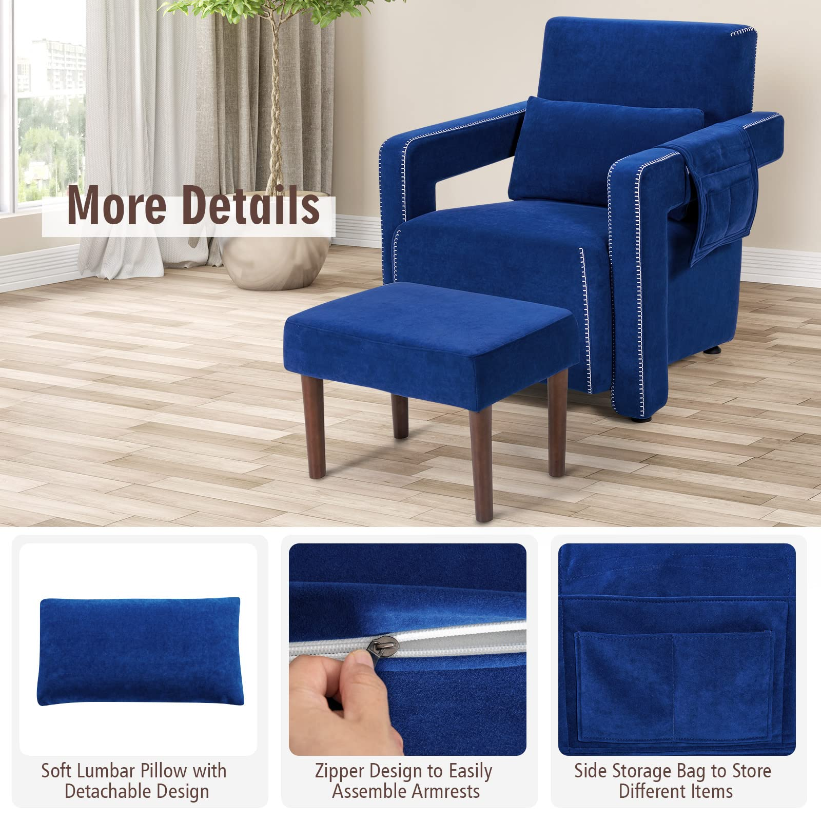 Giantex Modern Accent Chair with Ottoman, Soft Berber Fleece Armchair Single Sofa and Footstool Set w/Waist Pillow