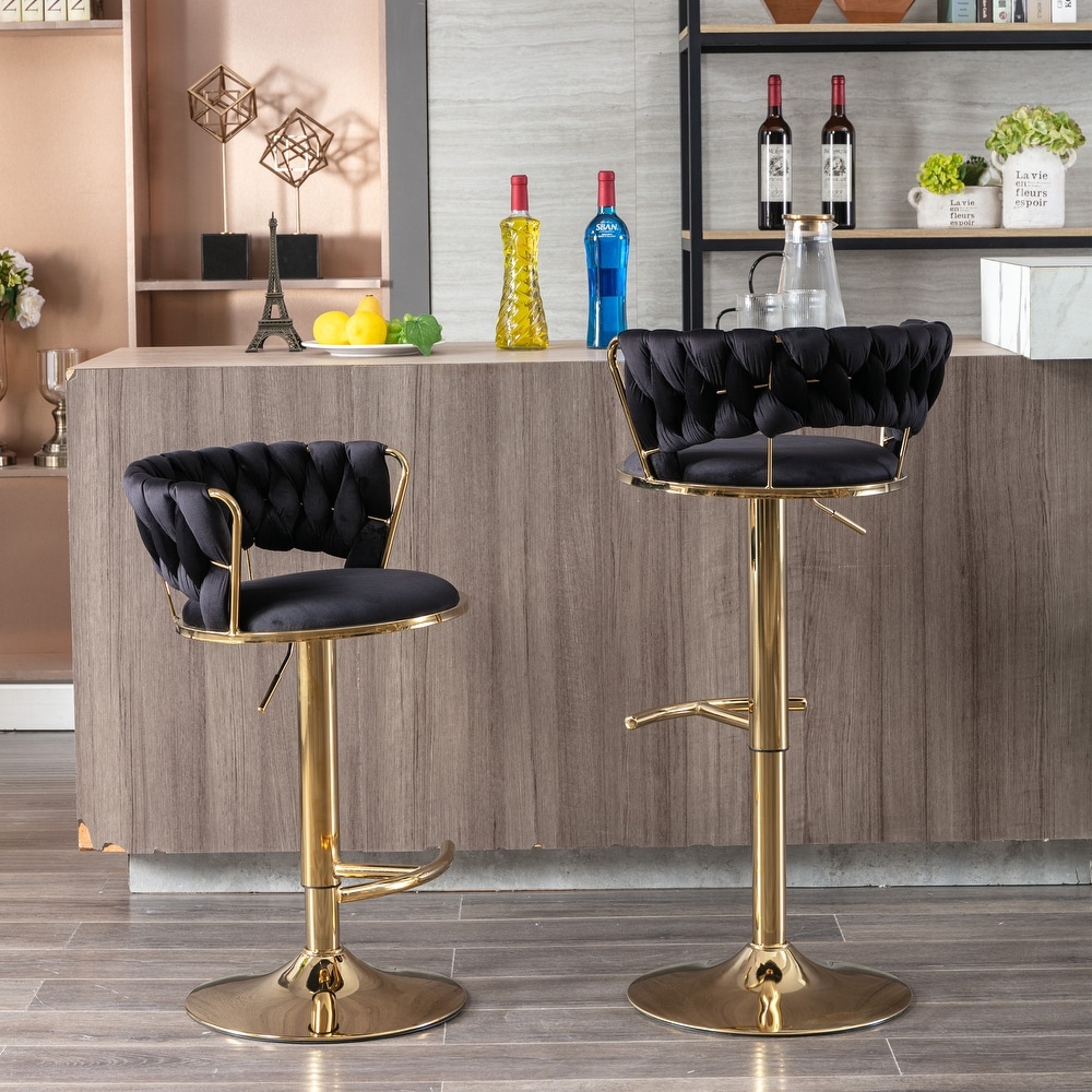 Modern Retro Height Adjustable Counter Chair Swivel Bar Stools Set of 2 with Velvet Woven Backrest Handrail and Footrest