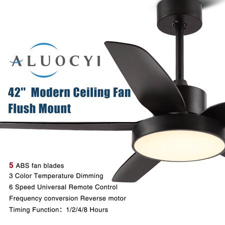 ALUOCYI 46 Inch Matte Black Ceiling Fan with Lights, Low Profile Black Ceiling Fan with 3 Light Color for Bedroom Living Room Kitchen Outdoor