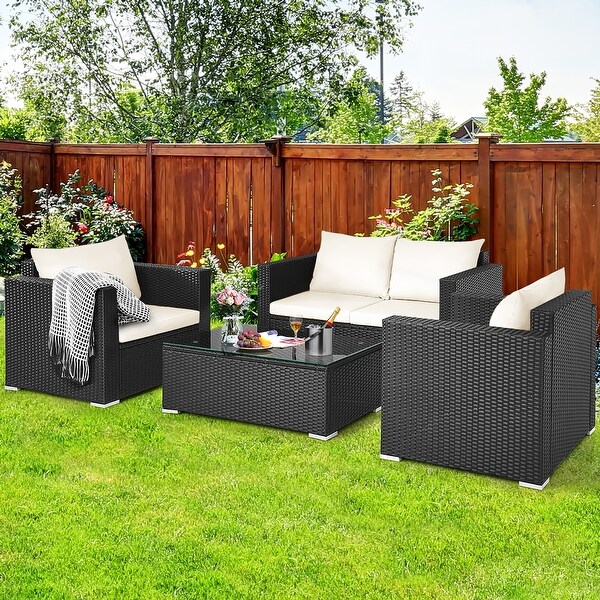 Costway 4PCS Patio Rattan Furniture Set Cushioned Sofa Chair Coffee