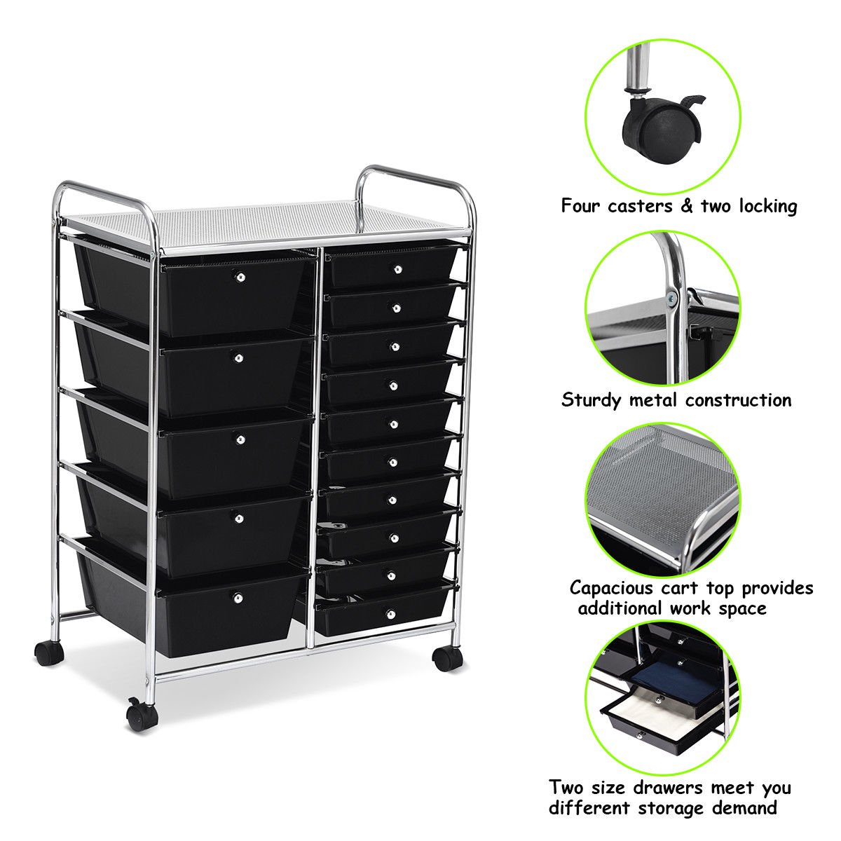 Costway 15-Drawer Rolling Organizer Cart Utility Storage Tools Scrapbook Paper Multi-Use