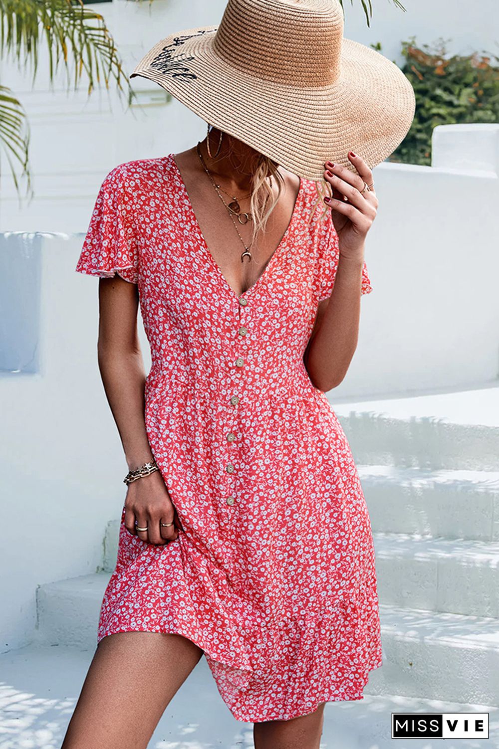 V Neck Button Short Sleeves Floral Dress