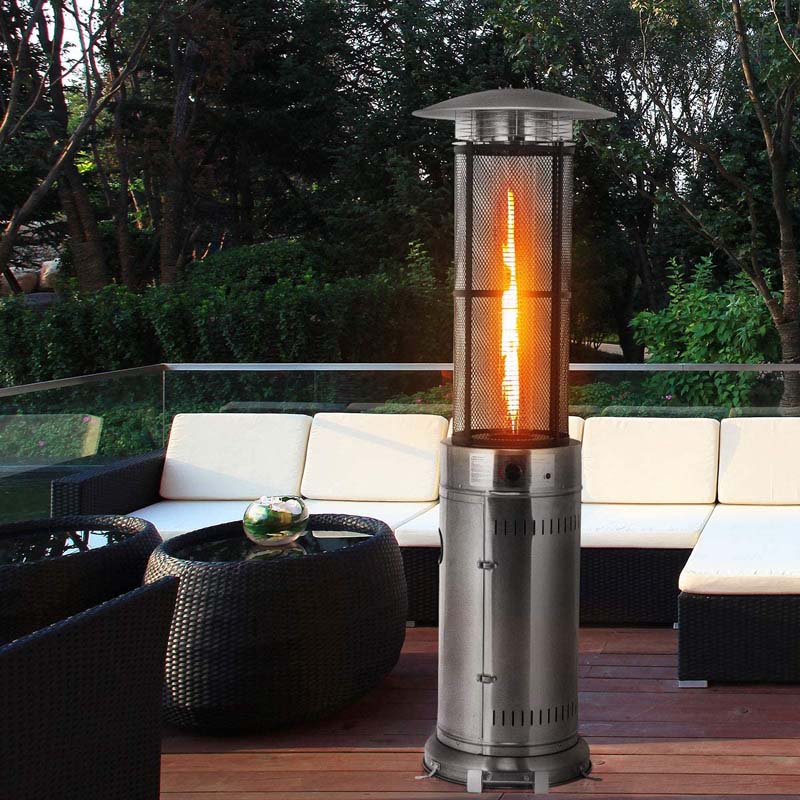 34,000BTU Standing Propane Patio Heater with Wheels, Stainless Steel Round Glass Tube Gas Outdoor Heater