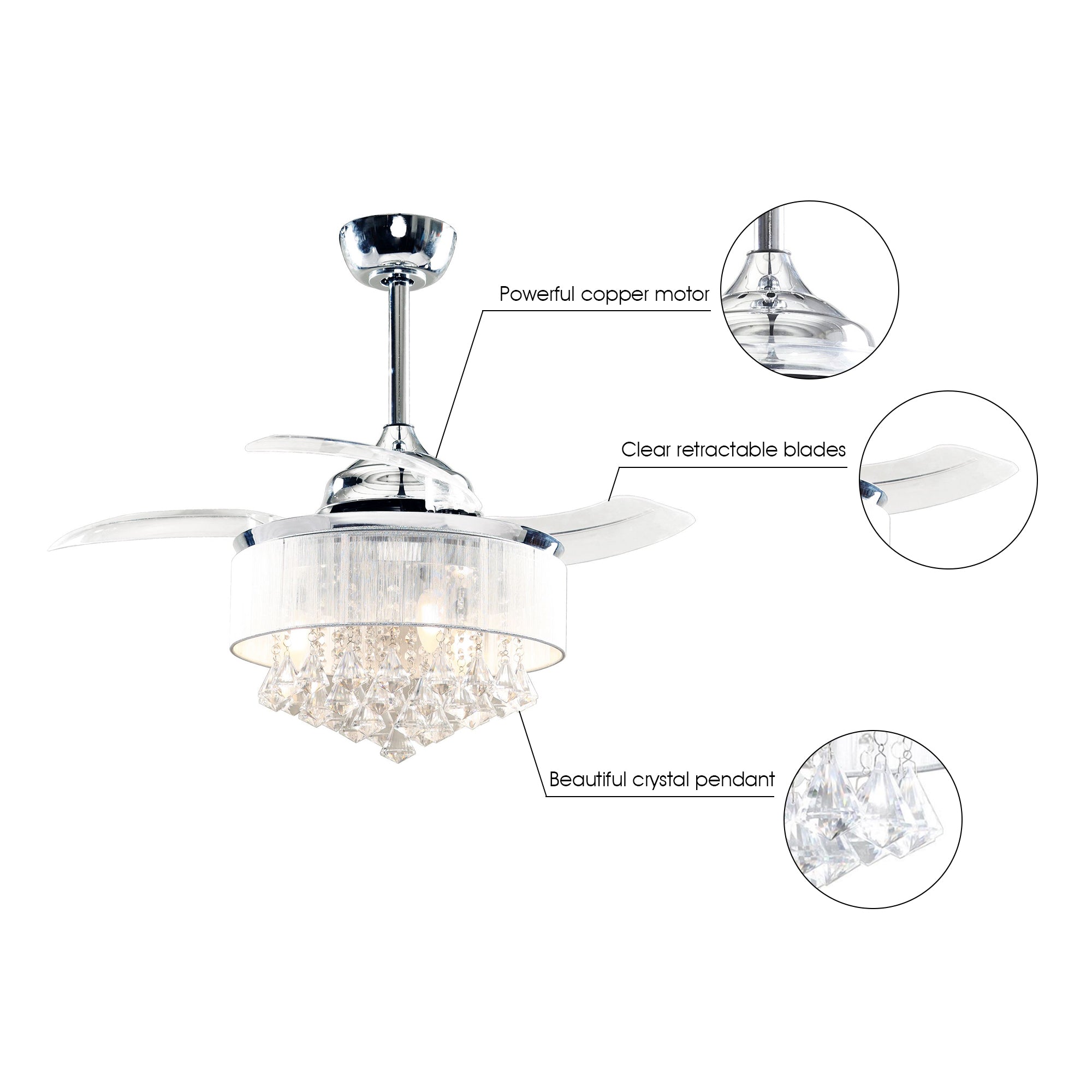 Ceiling Fan with Light and Remote Parrot Uncle 36 Inch Modern Crystal Ceiling Fan with 3 Retractable Blades, 3 Light Bulbs Not Included