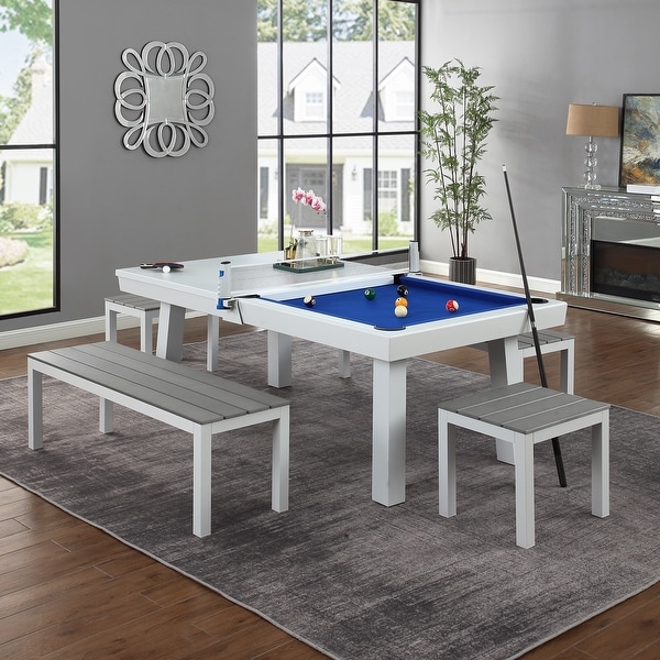 Newport Outdoor Patio 8ft Slate Pool Table 6Seater Dining Set with 4 Benches and Accessories，White Finish