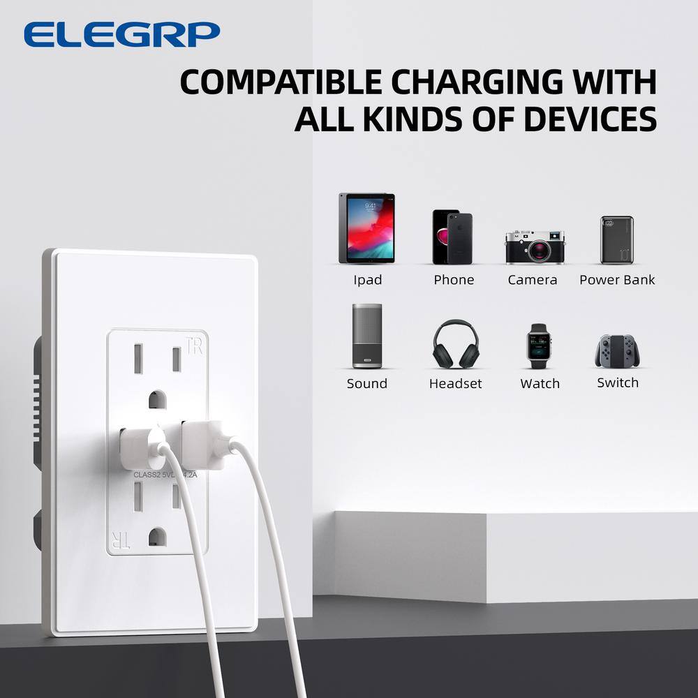 ELEGRP 4.2 Amp Type A  Type C USB Charger Wall Outlet 15 Amp Duplex Tamper Resistant Outlet with Wall Plate White（10 Pack） ER16142AC-0110